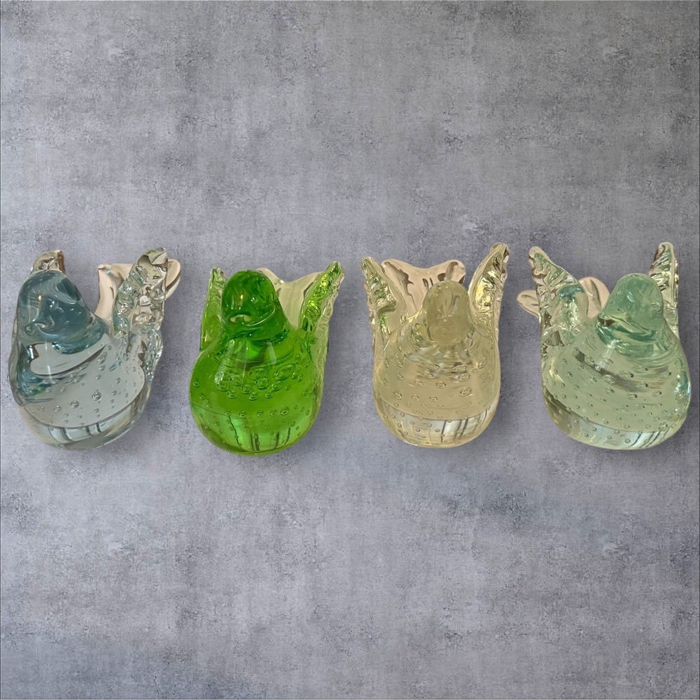 Set of 4 Hand Blown Art Glass Bullicante Bird‎ Figurines – Blue Green Aqua Clear